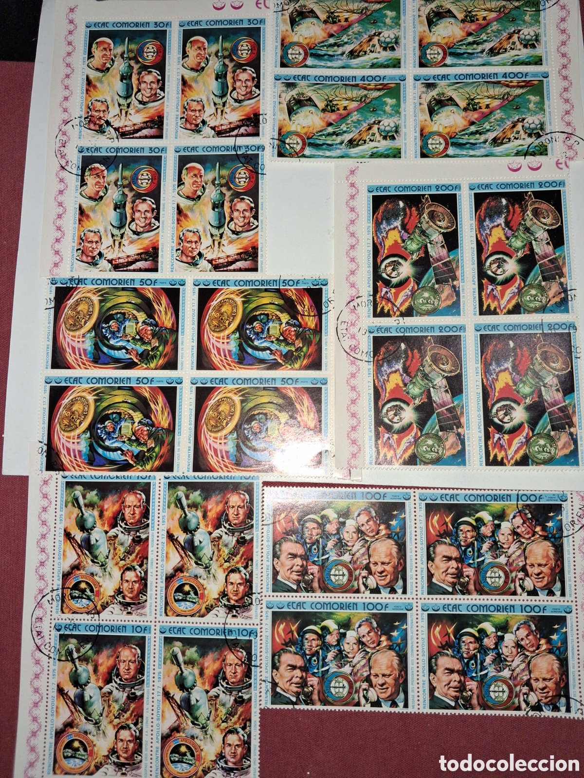 Sellos: Sello (2series) Comoras mtdo 1975. Cooperaci&oacute;n espacio EE.UU-URSS. Apollo. Soyuz. Cosmos. Astronauta