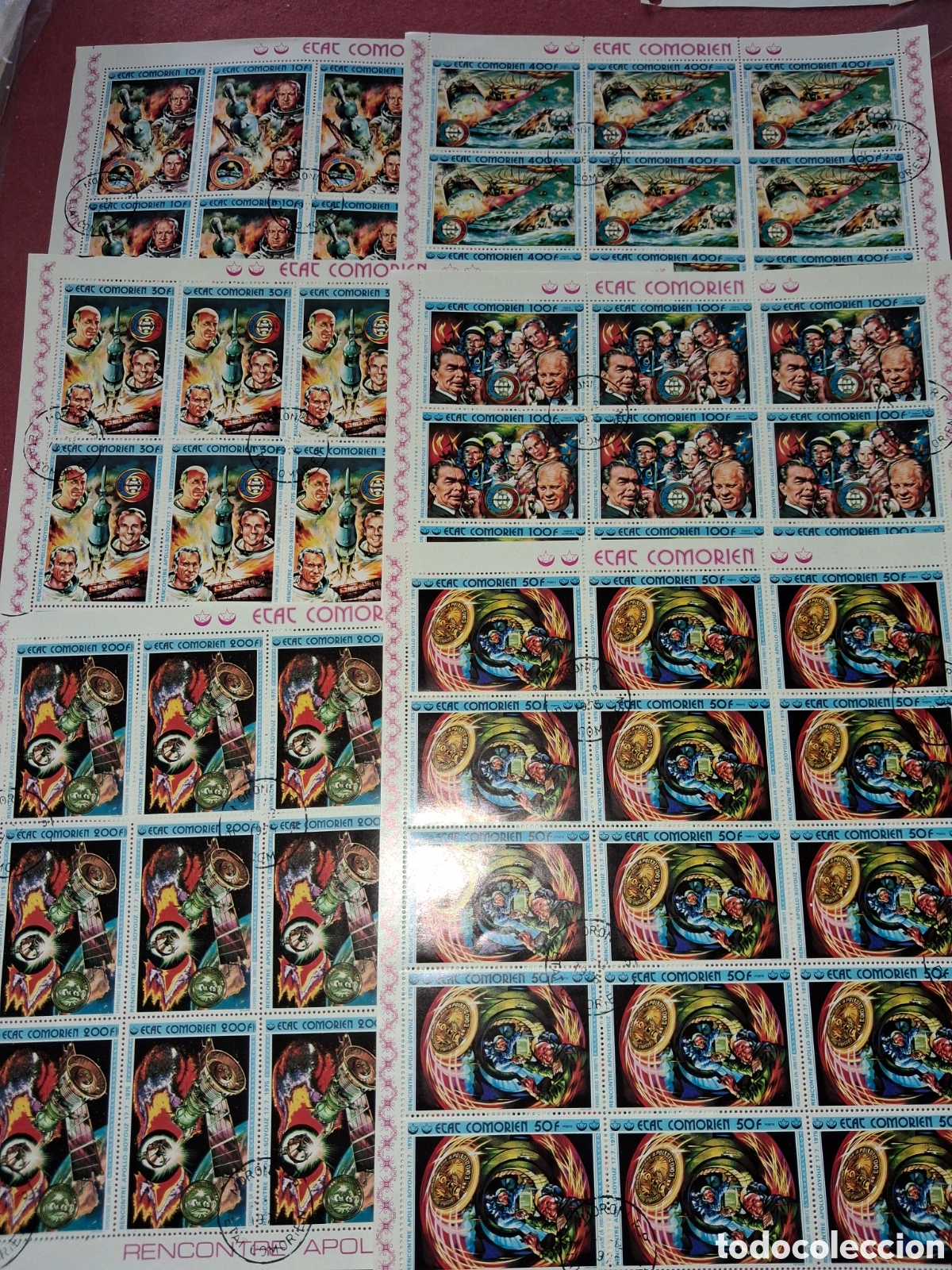 Sellos: Sello, Pliego (2series) Comoras mtdo 1975. Cooperaci&oacute;n espacio EE.UU-URSS. Apollo Soyuz Cosmos Astro