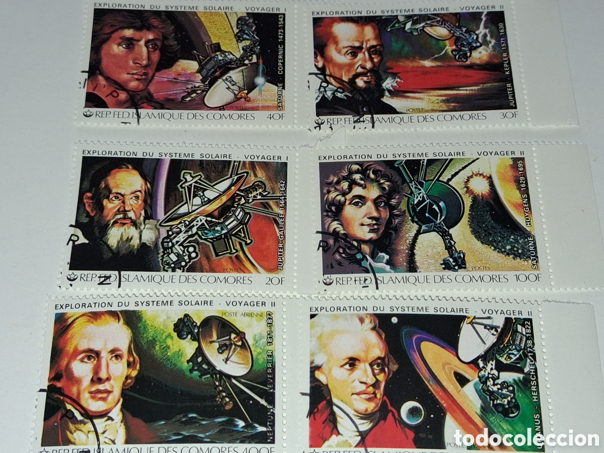 Sellos: Sello Comoras mtdo 1979. Exploracion sistema solar. Espacio. Copernico. Astr&oacute;nomos. Galileo. Huygens