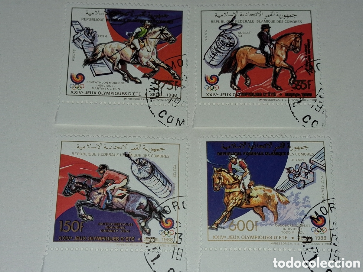 Sellos: Sello Comoras mtdo 1988. Sat&eacute;lite. Campeones olimpiada Hipica. Doma Caballo Mam&iacute;fero. Fauna. Espacio