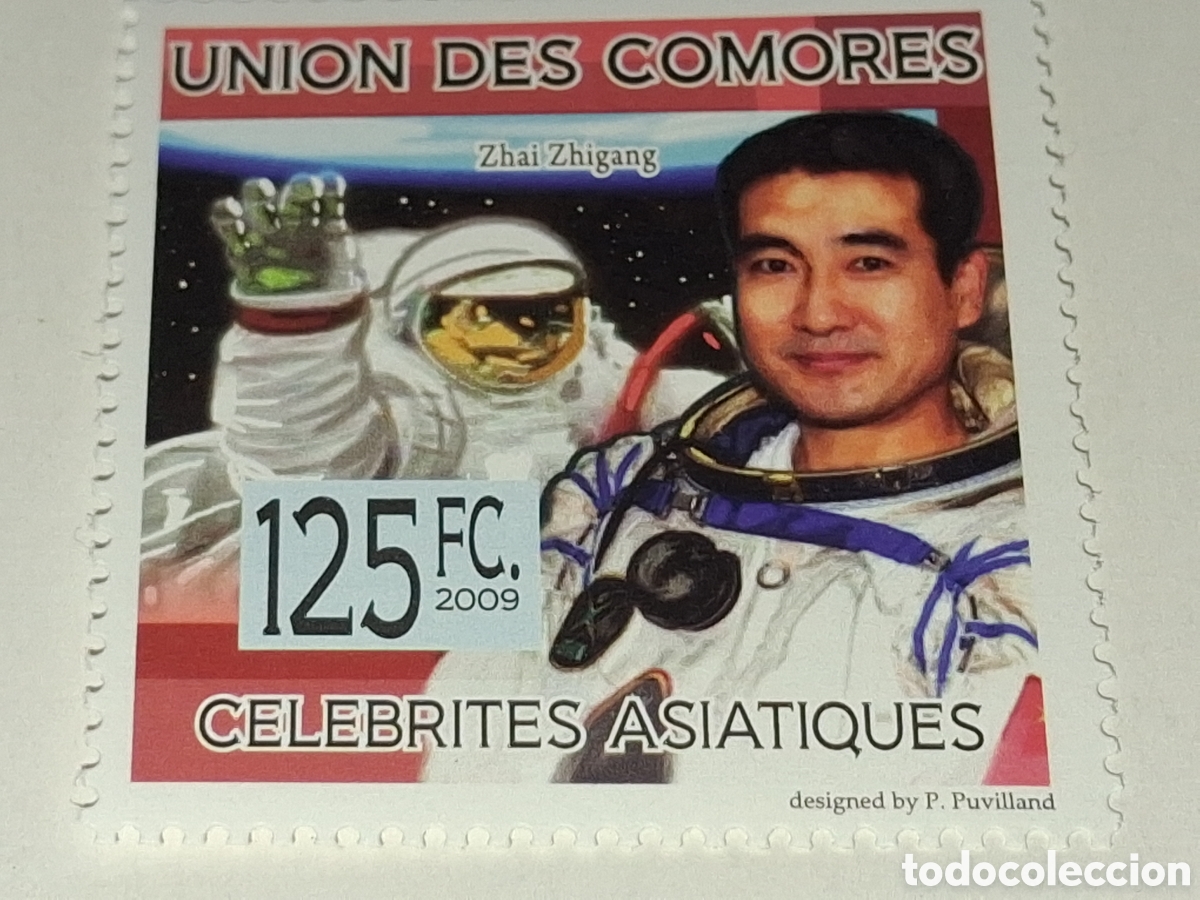 Sellos: Sello Comoras nuevo 2009. Zhai Zhigang. Espacio. Astronautas c&eacute;lebres. Vuelo. Estaci&oacute;n. Cosmos. Univ