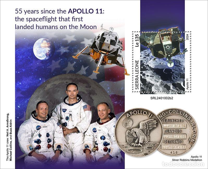 Sellos: Sierra Leona 2024 Mi. Bl. 3211 bloque Apollo 11 Luna Armstrong Aldrin