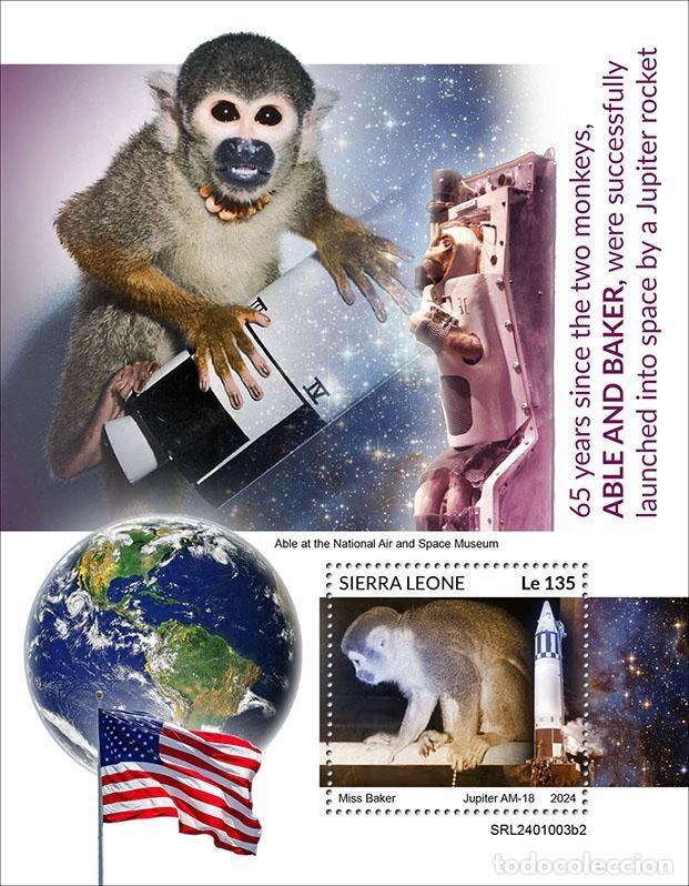 Sellos: Sierra Leona 2024 Mi. Bl. 3223 bloque Able Baker monos espacio