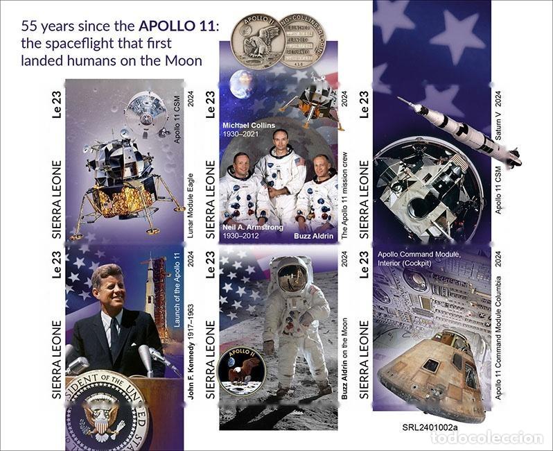 Sellos: Sierra Leona 2024 Mi. 18364-18369 hoja sin dentar Apollo 11 Luna Armstrong