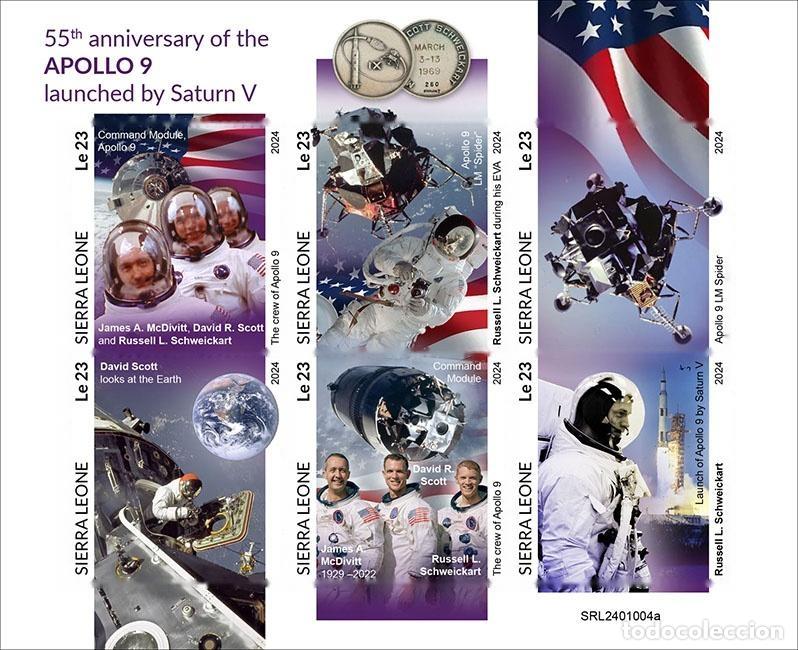 Sellos: Sierra Leona 2024 Mi. 18372-18377 hoja sin dentar Apollo 9 Saturn V espacio