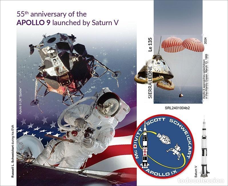Sellos: Sierra Leona 2024 Mi. Bl. 3213 bloque sin perforar Apollo 9 Saturn V espacio