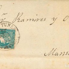 Sellos: CUBA. SOBRE ANT.7. 1859. ½ REAL AZUL. RIO ABAJO A MANZANILLO. MATASELLO BAEZA L