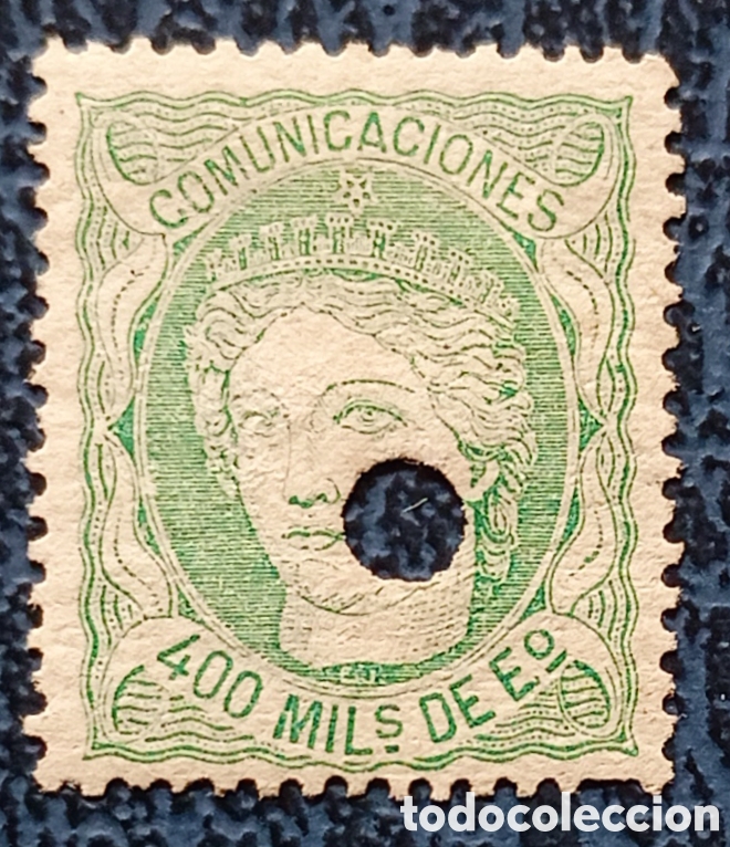 Sellos: Espa&ntilde;a 1870 - Efigie aleg&oacute;rica de Espa&ntilde;a - Edifil 110T, 400 m. verde amarillento - Tel&eacute;grafos