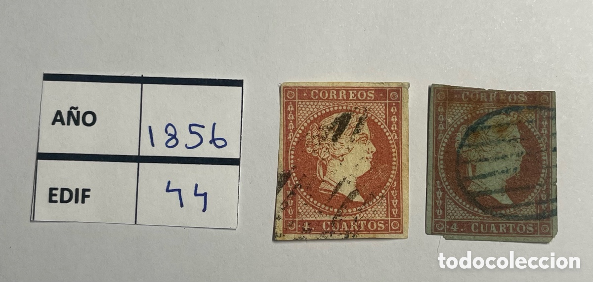 Sellos: Espa&ntilde;a 1856 Edifil 44 &ndash; Pareja sellos usados Isabel II cl&aacute;sico