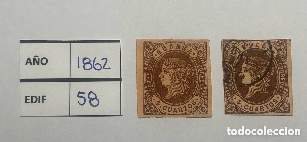 Sellos: Espa&ntilde;a 1862 Edifil 58 &ndash; Pareja sellos Isabel II (usado + sin usar)