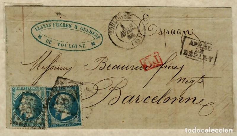 Sellos: FA1546. HISTORIA POSTAL. 1865, pieza postal circulada de Toulouse a Barcelona