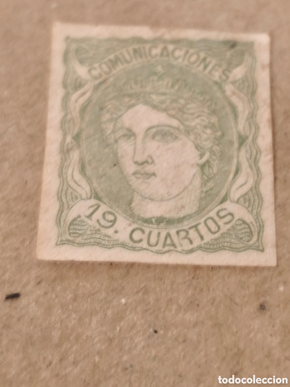 Sellos: Sello cl&aacute;sico de Espa&ntilde;a n 113A,variedad sin dentar , 19 cuartos verde ,muy escaso ver nuevo con gom