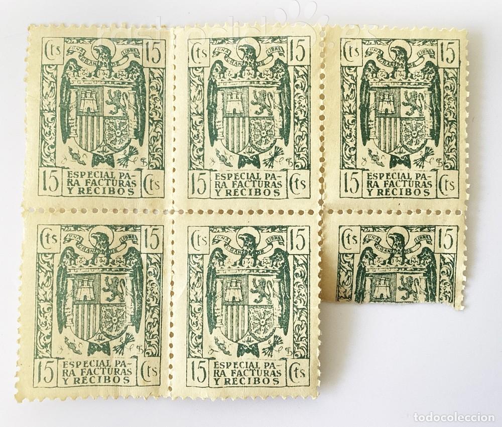 Sellos: Lote de 5 sellos fiscales Timbre M&oacute;vil de 15 c&eacute;ntimos