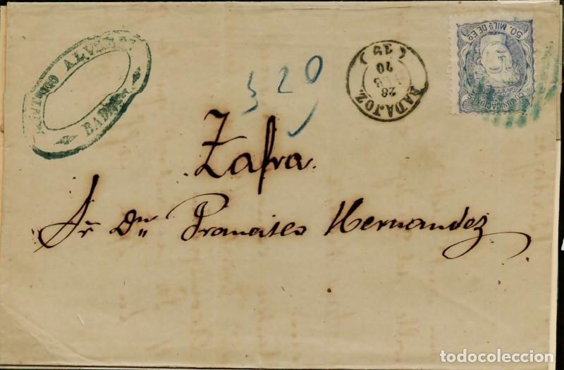 Sellos: FA2879. Emision 1-1-1870. Carta de Badajoz a Zafra