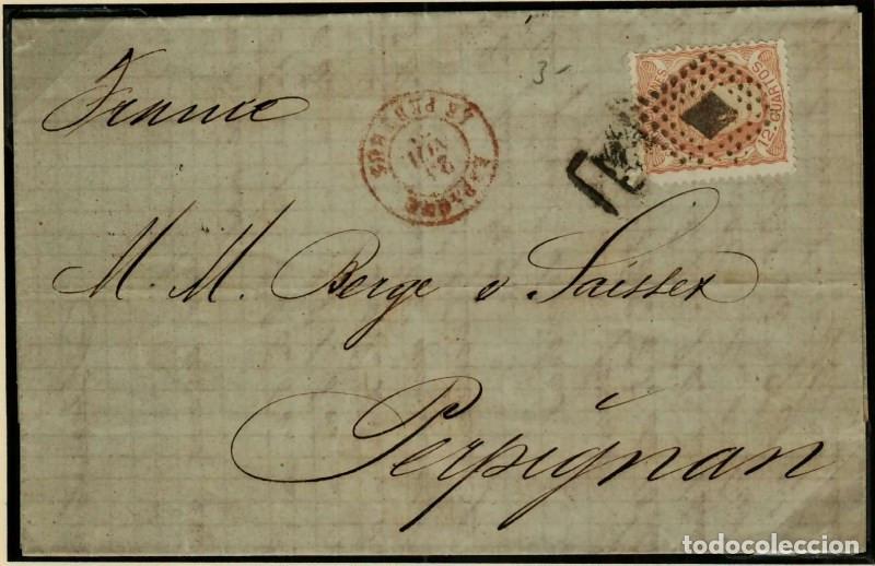 Sellos: FA2979. Emision 1-1-1870. Correo circulado de Barcelona a Perpi&ntilde;an