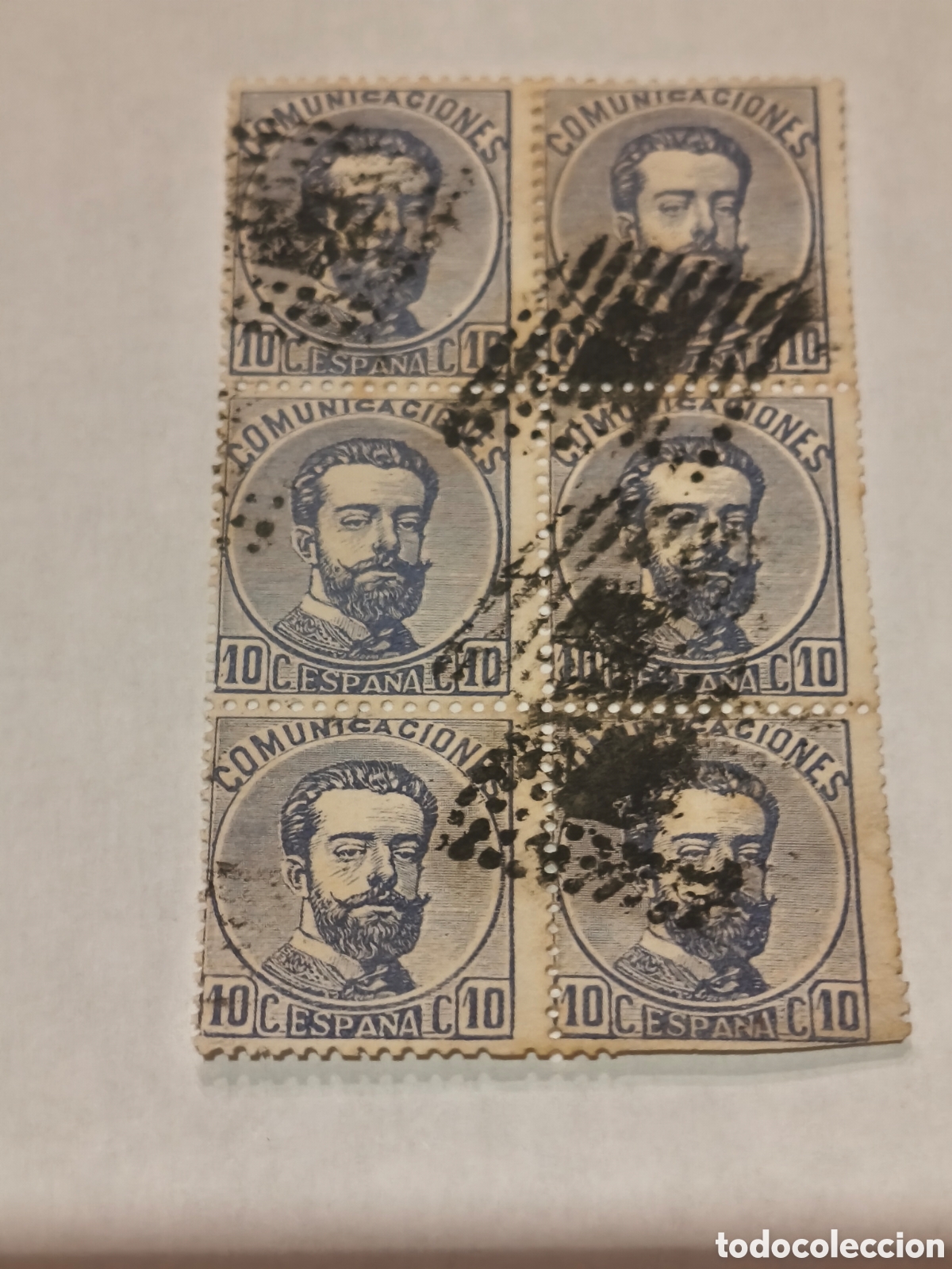 Sellos: Bloque de 6 sellos del n 121 de Amadeo usado 10 cts azul. ROMBO DE PUNTOS VER