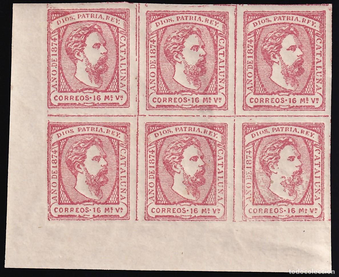 Selos: ESPA&Ntilde;A, Correo Carlista, 1874 EDIFIL N&ordm; 157 /**/, 16 mv. rosa. [Bloque de seis.]