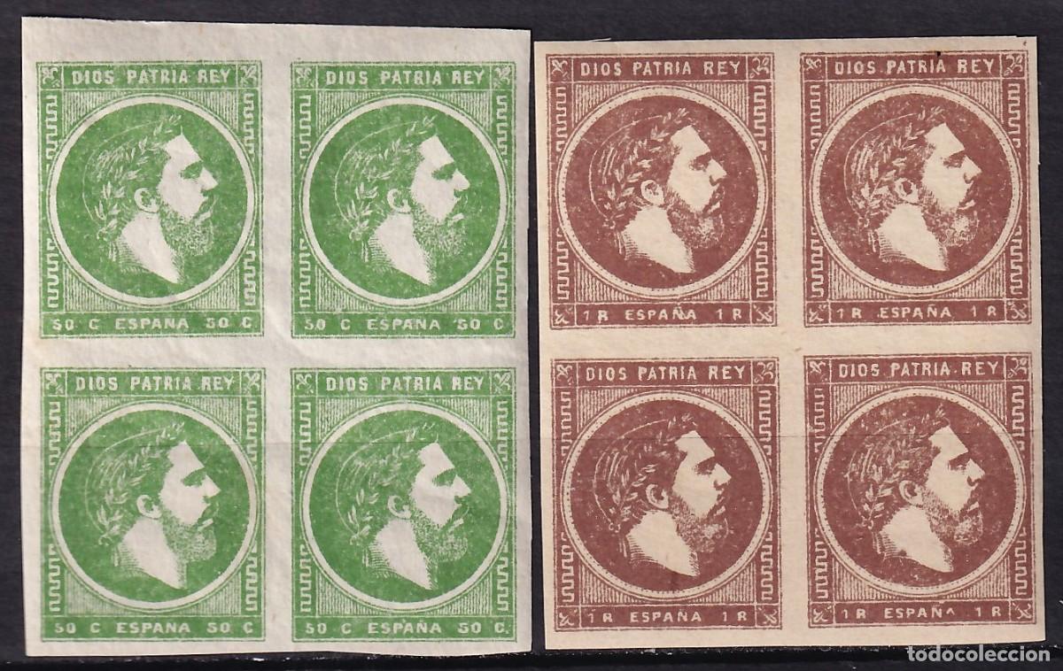 Selos: ESPA&Ntilde;A, Correo Carlista, 1875 EDIFIL N&ordm; 160 / 161 /**/, [Bloque de cuatro / SIN FIJASELLOS.]