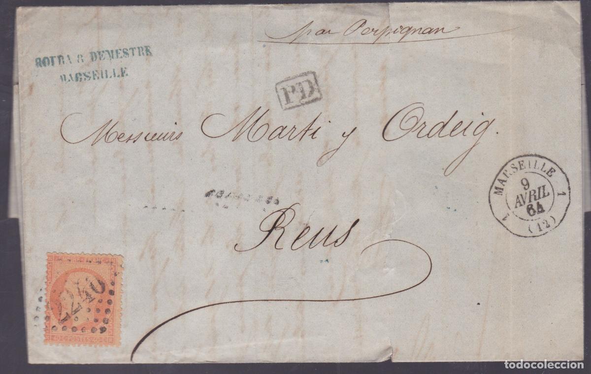 Sellos: F6-30-Carta MARSELLA-REUS 1864 . Linea Anglo Espa&ntilde;ola BARCOS A VAPOR ESPA&Ntilde;OLES