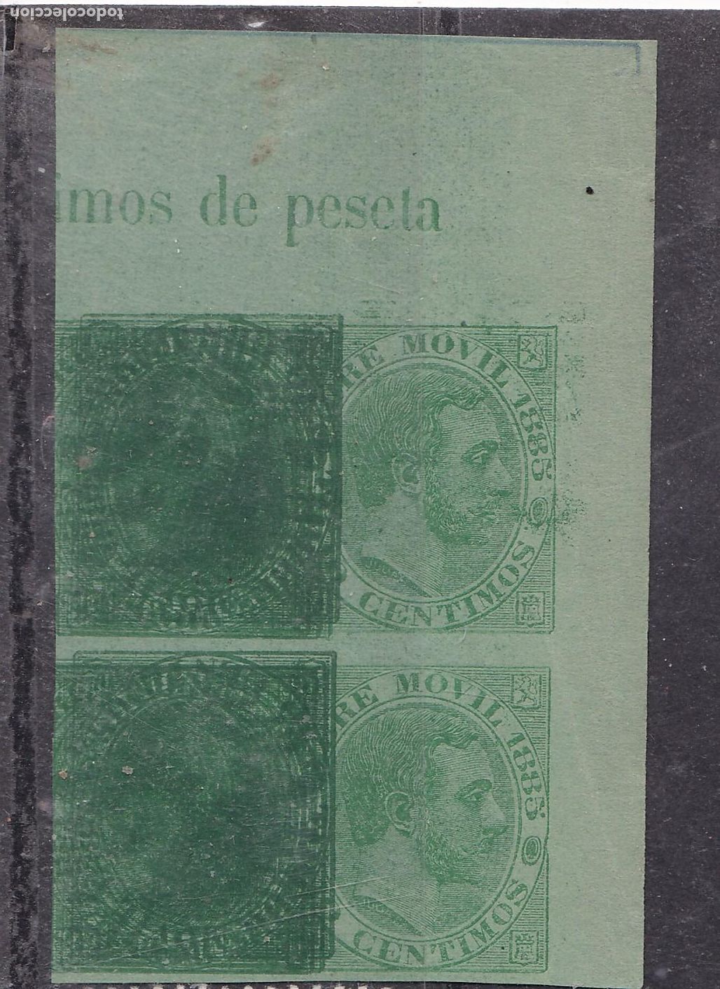 Sellos: FC-76-FISCALES Movil Alfonso XII 1885. Rara Maculatura Papel Verde (*) Bloque 4 Borde Hoja
