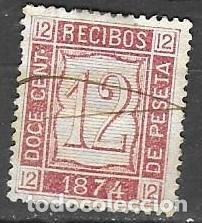 Sellos: SELLO FISCAL ESPA&Ntilde;A 1874 - 12 C&Eacute;NTIMOS DE PESETA - RECIBOS - CANCELACI&Oacute;N MANUSCRITA