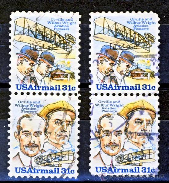 Sellos: EE.UU.-  ORVILLE Y WILBUR WRIGHT, PIONEROS DE LA AVIACION.-(3)