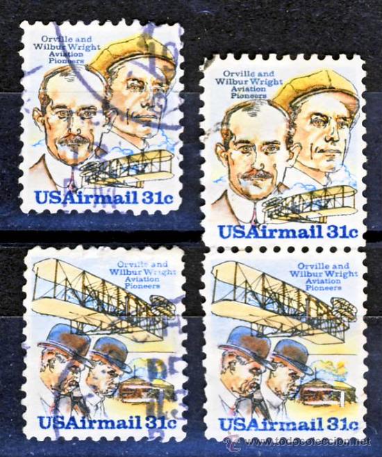 Sellos: EE.UU.-  ORVILLE Y WILBUR WRIGHT, PIONEROS DE LA AVIACION.-(4)