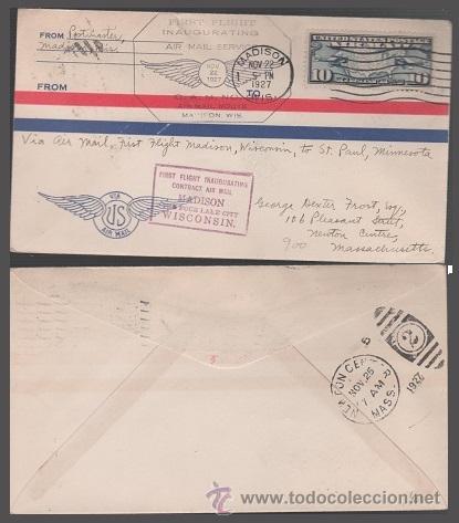 Briefmarken: C3-16 (1) EE.UU. Carta circulada en el PRIMER VUELO entre MADISON y WISCONSIN 22-NOV-1927