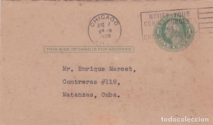 Timbres: 10111 -EE.UU. TARJETA COMERCIAL DOBLE CIRCULADA ENTRE CHICAGO Y MATANZAS (CUBA) A&Ntilde;O 1928