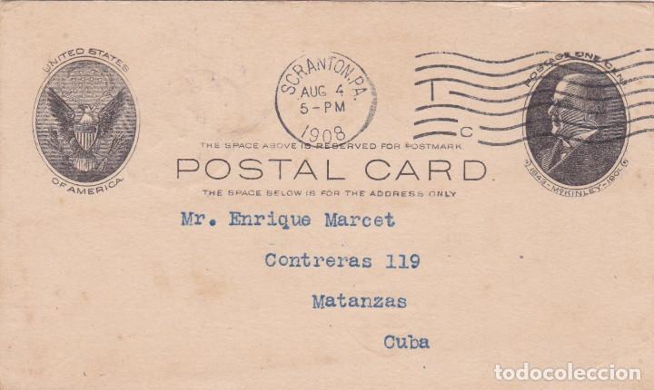 Timbres: 10113 -EE.UU. TARJETA POSTAL CIRCULADA DE SCRANTON (PENSILVANIA) A MATANZAS (CUBA) A&Ntilde;O 1908