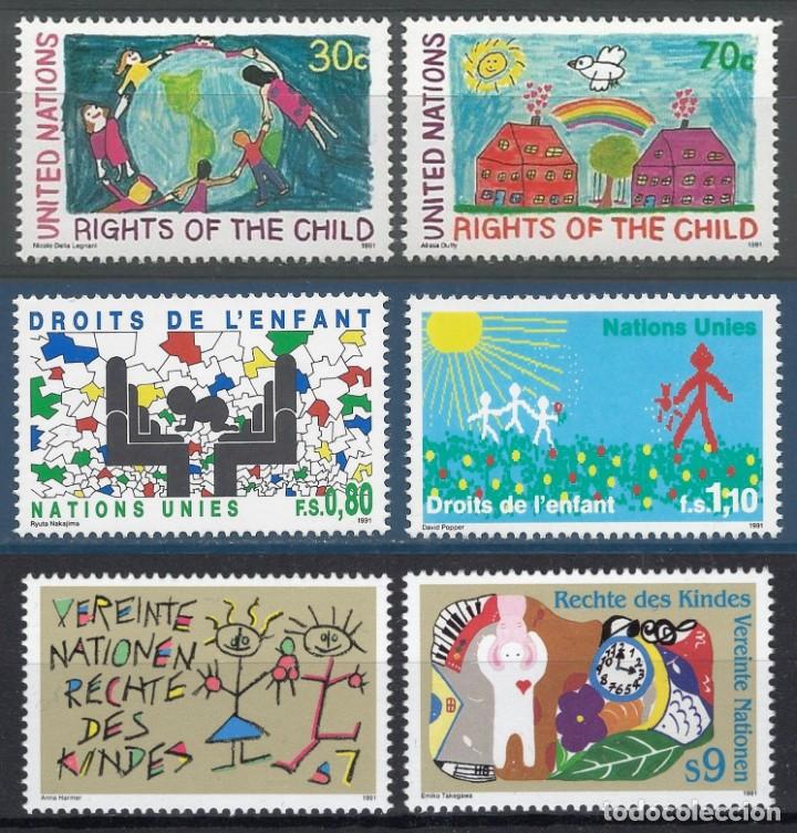Sellos: ONU 1991 - DERECHOS DEL NI&Ntilde;O - YVERT 591/592** - 210/211** - 125/126** (NEW YORK-GINEBRA-VIENA)