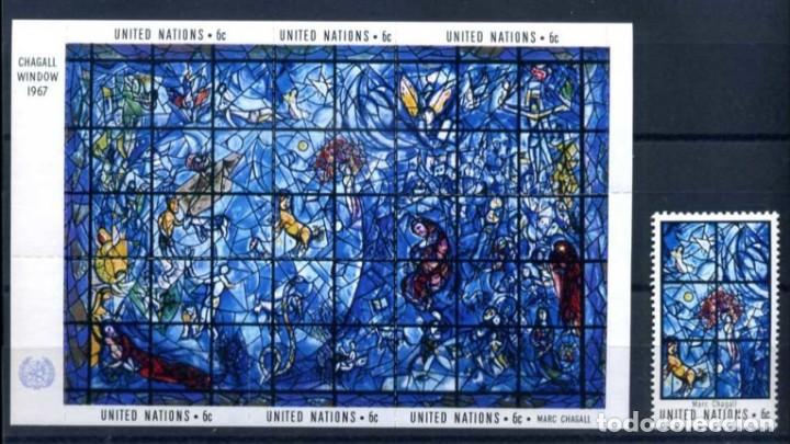 Stamps: NACIONES UNIDAS 1967 - VIDRIERAS DE CHAGAL - 1 SELLO + HOJITA