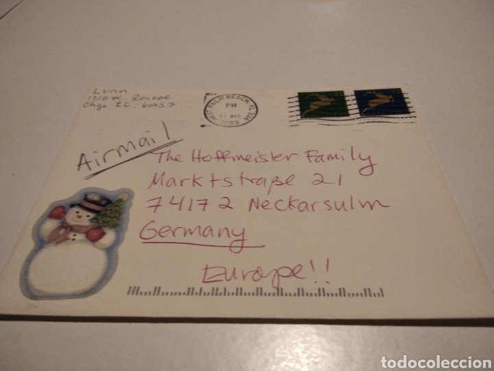 Stamps: Sobre con sellos USA pegatinas mu&ntilde;eco de nieve