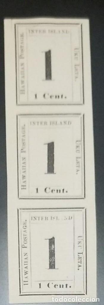 Timbres: O) 1869 HAWAII, ISLAS HAWAIANAS, VALOR DEL SELLO NUMERAL SCT 12 1c blanco, UKU LETA, TIRA DE 3, OCUP