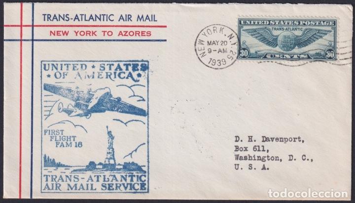 Timbres: F-EX22033 US TRANS-ATLANTIC 1939 FIRST FLIGHT NEW YORK - AZORES, PORTUGAL.