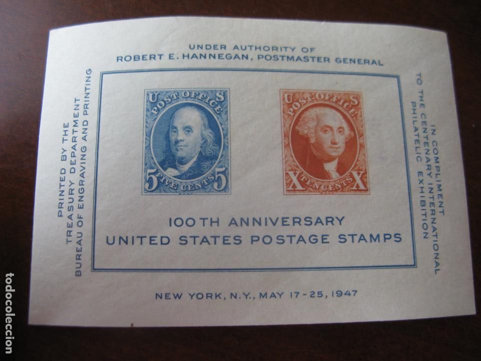 Timbres: +estados unidos, 1947, hojita bloque exposicion con motivo del centenario del sello, Yvert 8