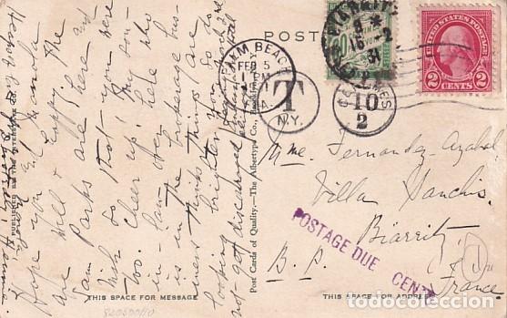 Timbres: Franqueo curioso sobre tarjeta postal Hotel Royal Poinciana from lake Worth. Palm Beach Florida.