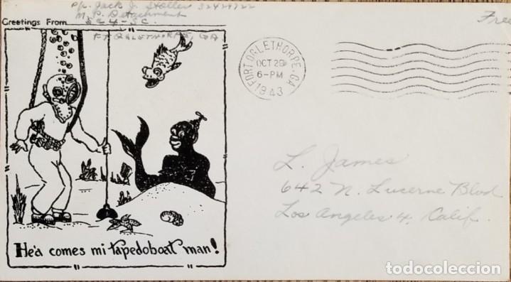 Sellos: J) 1943 UNITED STATES, HEA COMES MI TAPEDOBOAT MAN, AIRMAIL, CIRCULATED COVER, FROM USA TO CALIFORNI