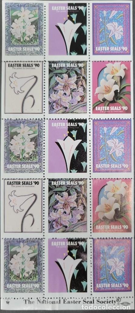 Sellos: A) THE NATIONAL EASTER SEAL SOCIETY, THE POWER TO DEFEAT EASTER LILIES, SHEET OF 15 STAMPS, MNH