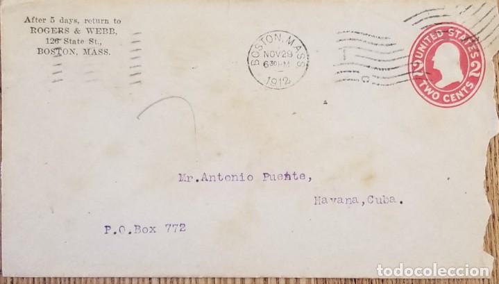 Sellos: J) 1912 UNITED STATES, WASHINGTON, POSTAL STATIONARY, CIRCULATED COVER, FROM MASSACHUSSETTS TTO CARI