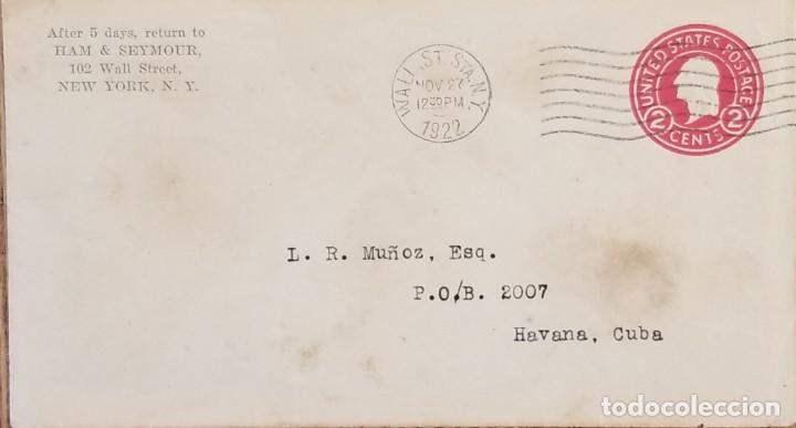 Sellos: J) 1922 UNITED STATES, WASHINGTON, POSTAL STATIONARY, CIRCULATED COVER, FROM NEW YORK TO CARIBE