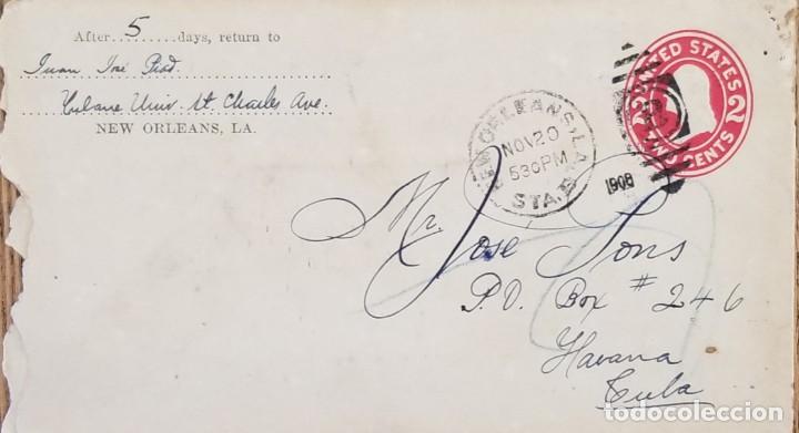 Sellos: J) 1908 UNITED STATES, WASHINGTON, POSTAL STATIONARY, AIRMAIL, CIRCULATED COVER, FROM NEW ORLEANS TO