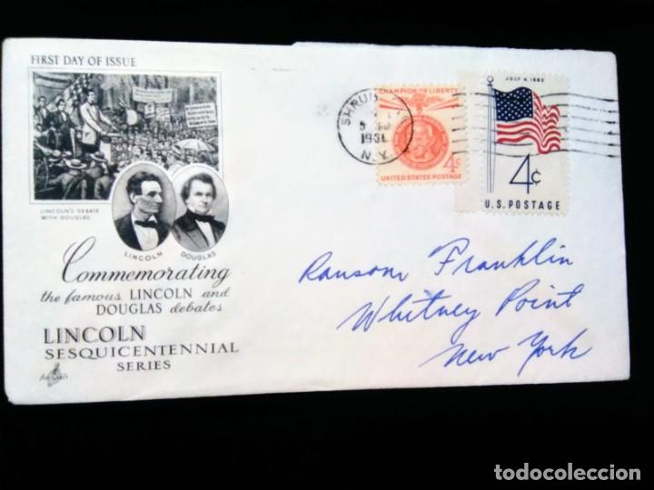 Stamps: M) 1960, FDC, UNITED STATES NEW YORK, COMMEMORATION OF THE DEBATE BETWEEN LINCOLN AND DOUGLAS, MAHAD
