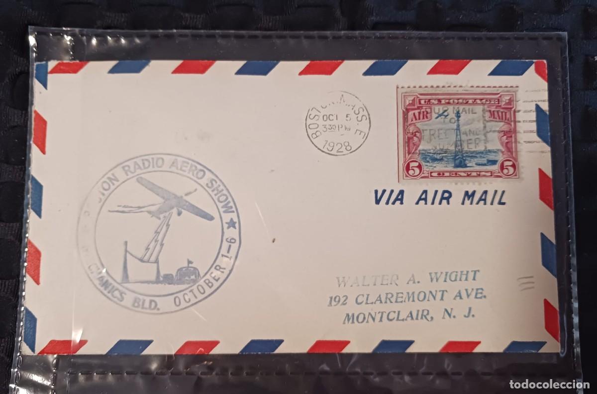 Sellos: M) 1928, UNITED STATES, VIA AIR MAIL, FROM BOSTON TO NEW JERSEY, RADIO AEREO SHOW, WITH CANCELLATION