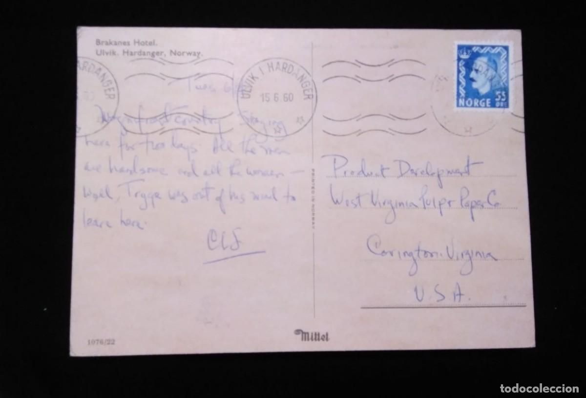Sellos: J) 1960 NORGE, BRAKANES HOTEL, POSTCARD, AIRMAIL, CIRCULATED COVER, FROM NORGE TO USA