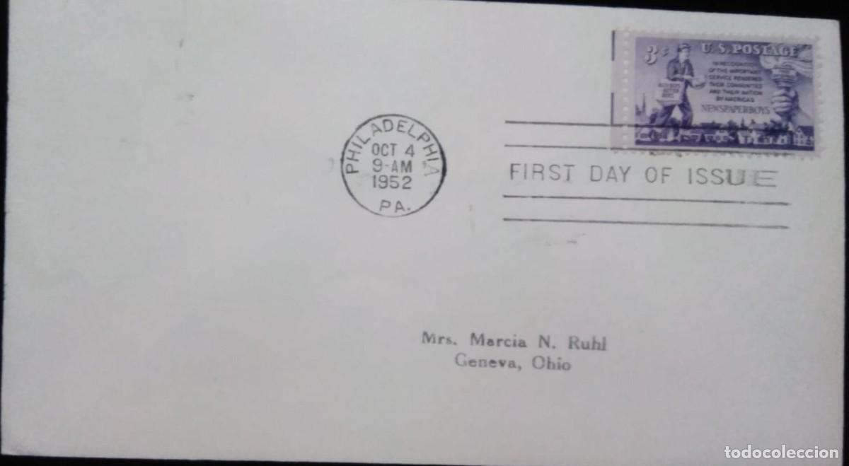 Sellos: O) 1952 UNITED STATES, USA, NEWSPAPER BOY ISSUE, TORCH AND GROUP OF HOMES, CIRCULATED TO OHIO