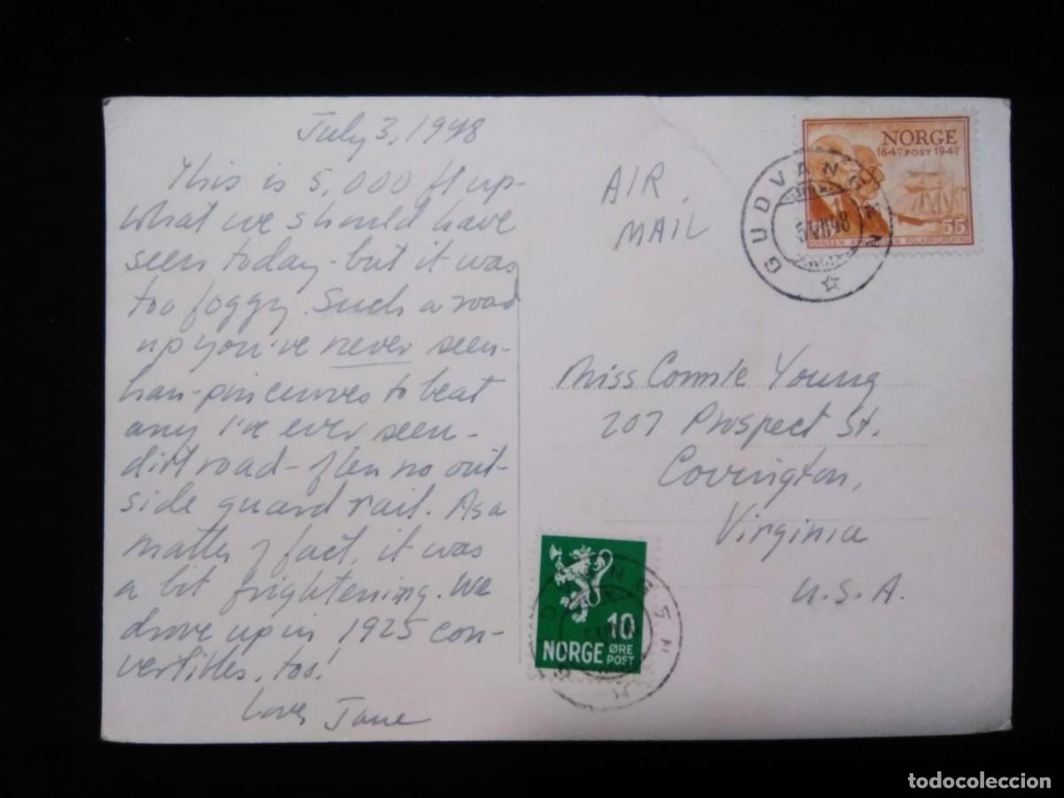 Sellos: J) 1948 NORGE, MULTIPLE STAMPS, POSTCARD, AIRMAIL, CIRCULATED COVER, FROM NORGE TO USA