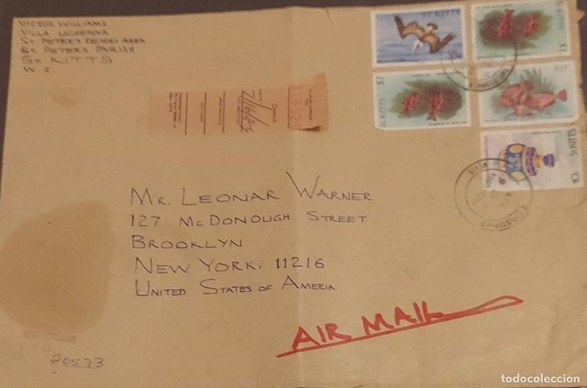 Sellos: J) 1989 ST KITTIS, FISH, BIRD, MULTIPLE STAMPS, AIRMAIL, CIRCULATED COVER, FROM ST KITTIS TO NEW YOR