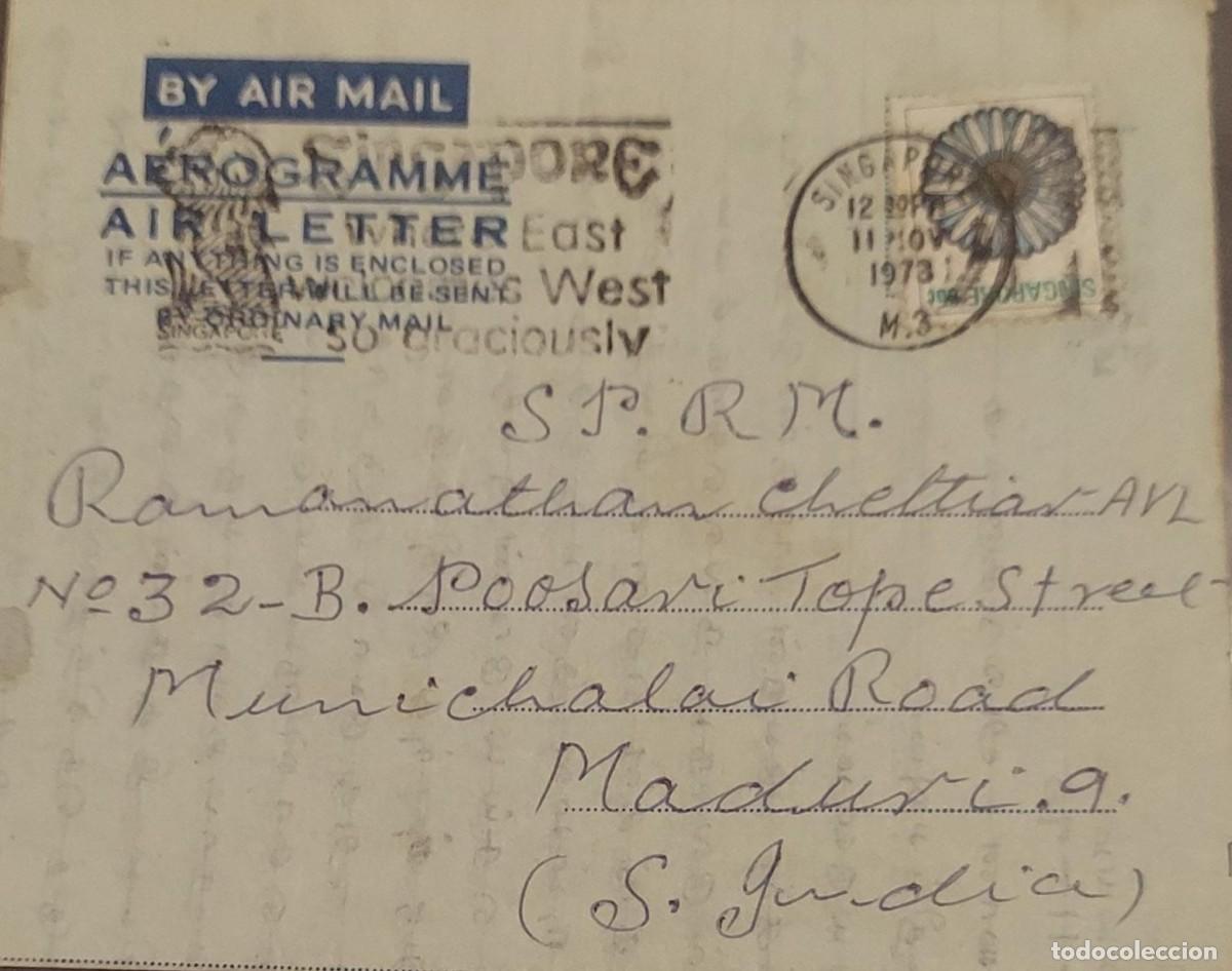 Sellos: J) 1973 SINGAPORE, FLOWER, AEROGRAMME, WITH SLOGAN CANCELLATION, AIRMAIL, CIRCULATED COVER, FROM SIN