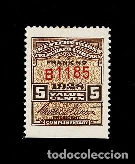 Briefmarken: CL7-6 EE.UU. WESTERN UNION TELEGRAPH COMPANY FRANK N&ordm; B 1185 A&ntilde;o 1928 Valor 5 cents